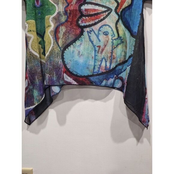 New! Radzoli Abstract Artsy Face Sheer Layering Top Shark Bite Hem Boho, M - Picture 3 of 7